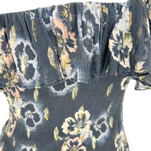Rebecca Taylor Silk Floral Metallic Double Ruffle One-Shoulder Blue Top Size 6 - Picture 11 of 16
